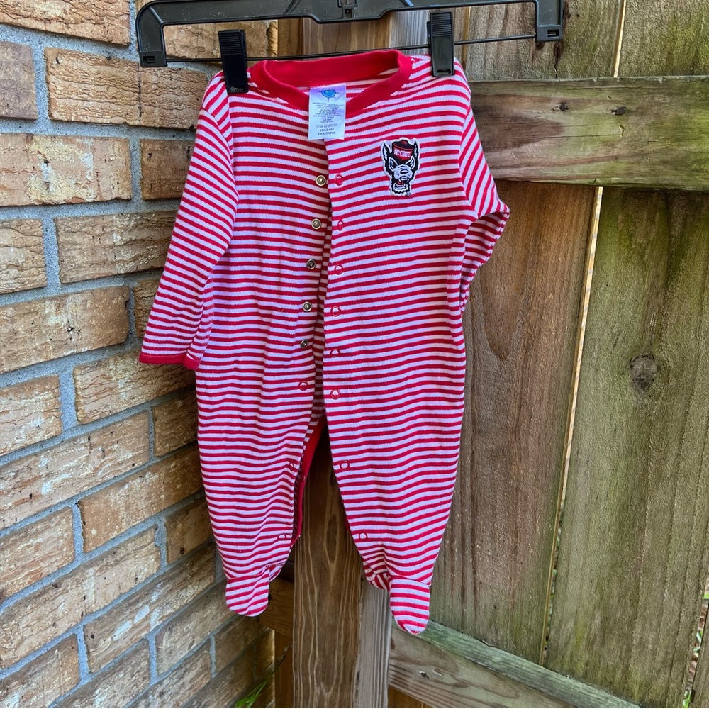 NC State Wolfpack Striped Red & White Footie One-Piece for Kids 100% Cotton